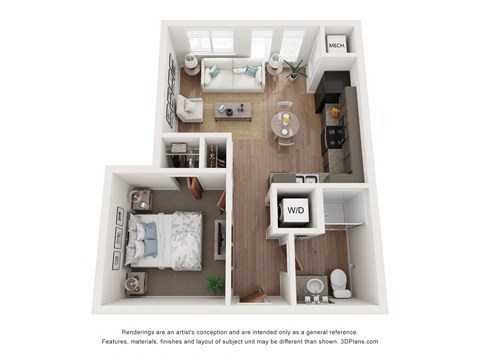 Floor plan for 1 bed, 1 bath, 532 sqft